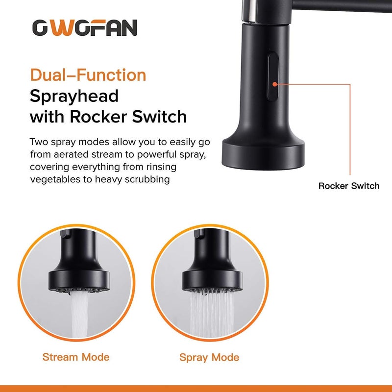 OWOFAN Modern Single Handle Spring Kitchen Faucet with Pull Down Sprayer, Matte Black Kitchen Sink Faucet 866080R - Image 4